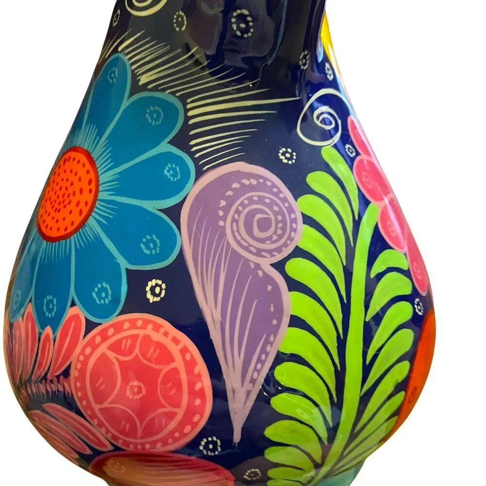 Terracotta hand-painted floral‎ jug bright boho unique clay flowers, Mexican